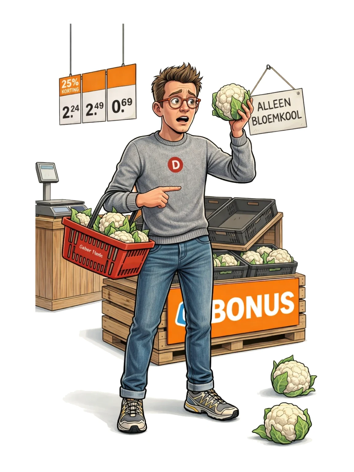 Prijskaartje zegt bonus, schap zegt bloemkool