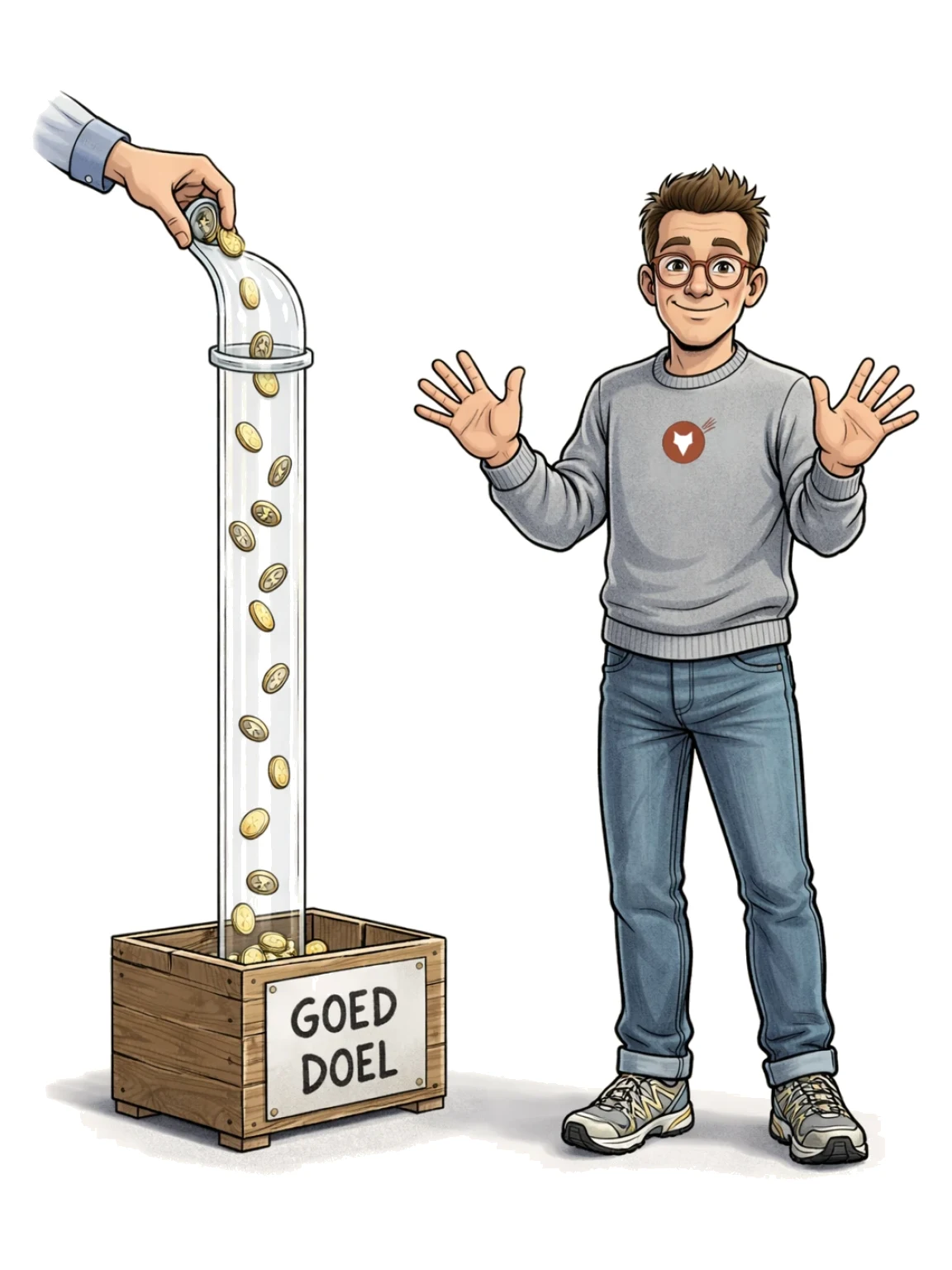 Daabstra laat zijn lege handen zien naast een glazen buis waar munten doorheen rollen naar een kist met GOED DOEL
