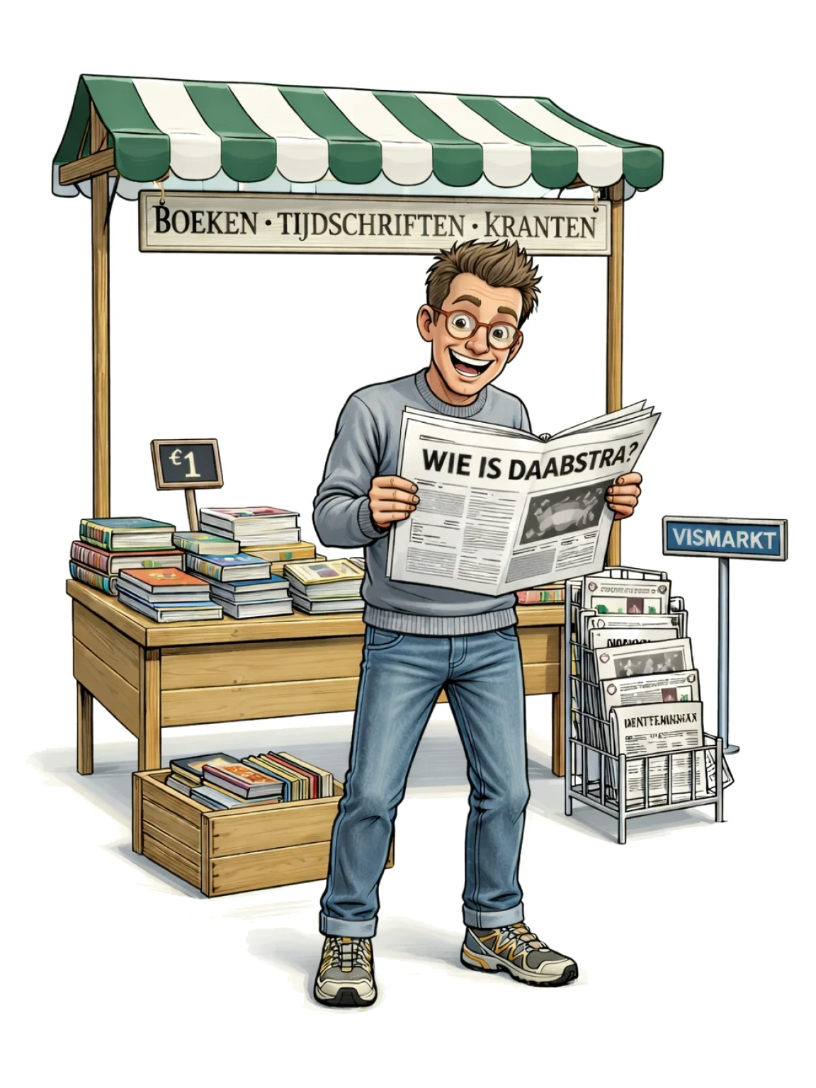 Gezien op de Vismarkt: iemand leest over zichzelf.